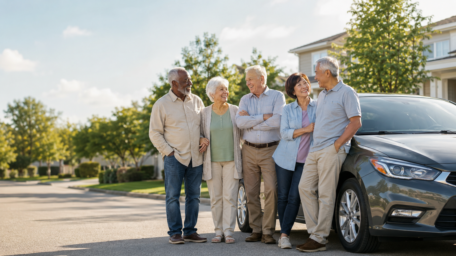 Group of seniors standing near a car in a residential neighborhood